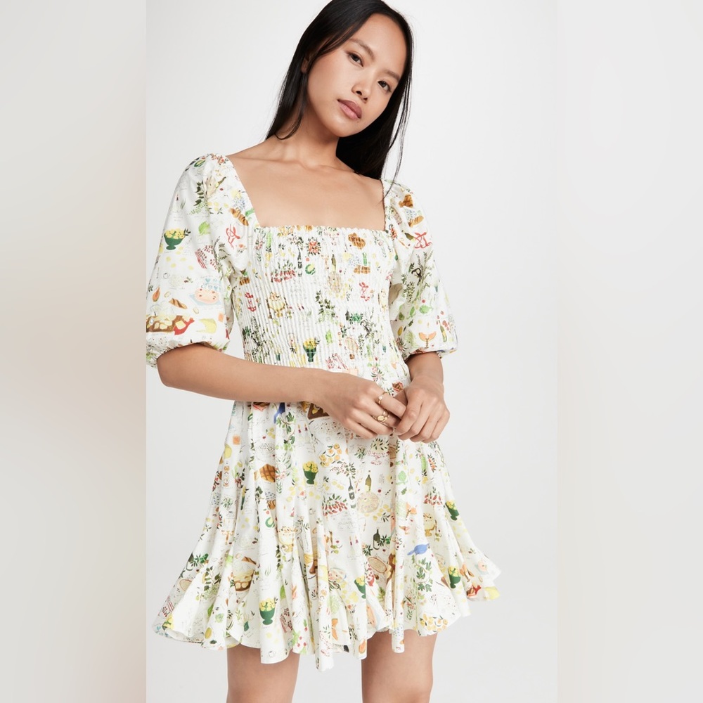 RHODE Cream Smocked Puff Sleeve Mini Dress picnic dress